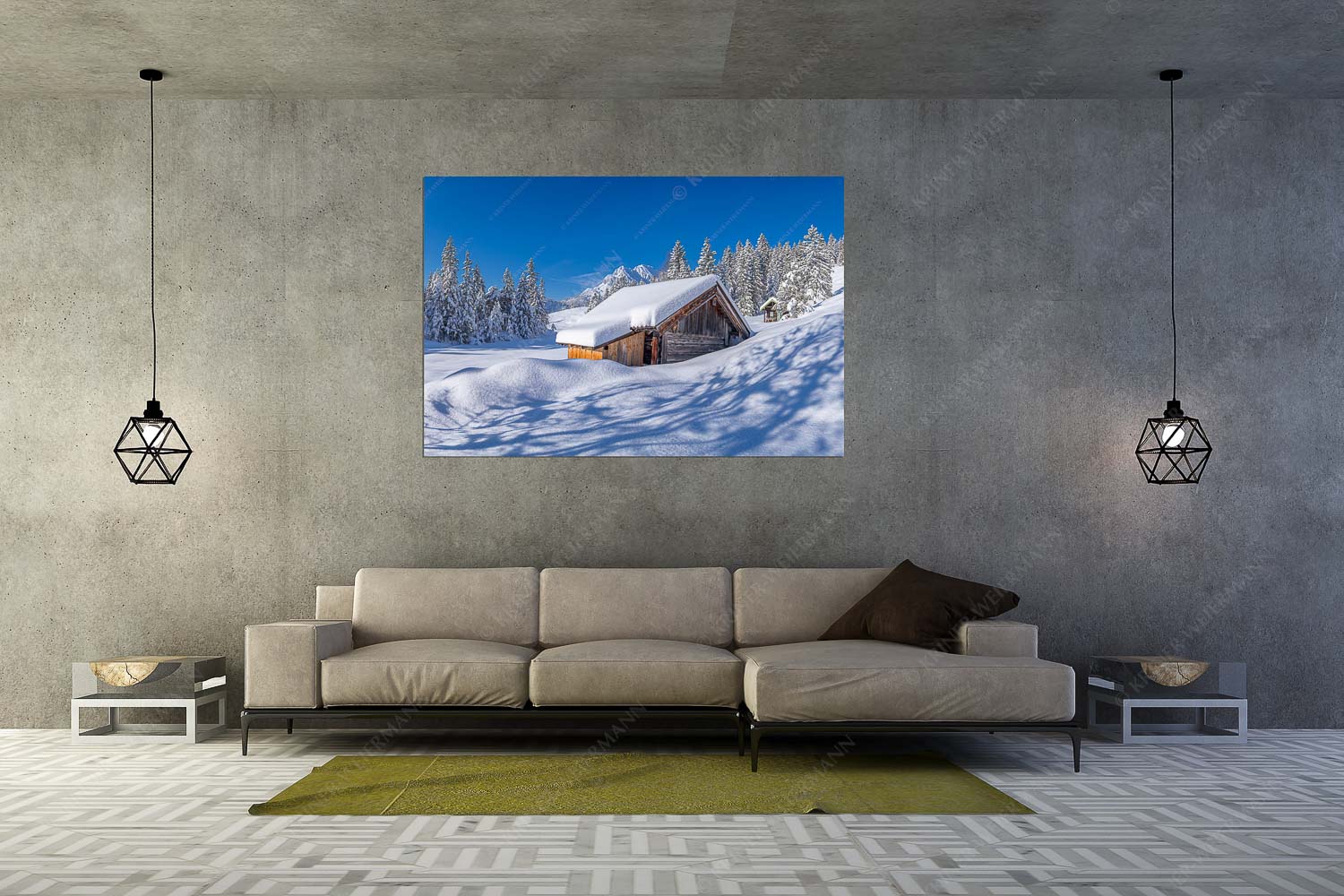 Schönheit der Stille – Wandbild – Größe ca. 180x120cm, Seitenverhältnis 3:2 — Buckelwiesen am Kranzberg Frisch verschneiter Heustadl bei Mittenwald mit Wettersteinspitzen - Schönheit der Stille - Wandbild - Größe ca. 180x120cm, Seitenverhältnis 3:2 - Buckelwiesen am Kranzberg - weitere Infos unter https://www.kriner-weiermann.de