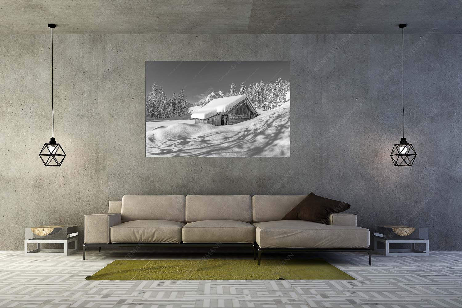 Schönheit der Stille – Wandbild – Größe ca. 180x120cm, Seitenverhältnis 3:2 — Buckelwiesen am Kranzberg Frisch verschneiter Heustadl bei Mittenwald mit Wettersteinspitzen - Schönheit der Stille - Wandbild - Größe ca. 180x120cm, Seitenverhältnis 3:2 - Buckelwiesen am Kranzberg - weitere Infos unter https://www.kriner-weiermann.de