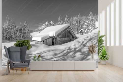 Frisch verschneiter Heustadl bei Mittenwald mit Wettersteinspitzen - Schönheit der Stille - Fototapete - Größe ca. 300x200cm, Seitenverhältnis 3:2 - Buckelwiesen am Kranzberg - weitere Infos unter https://www.kriner-weiermann.de