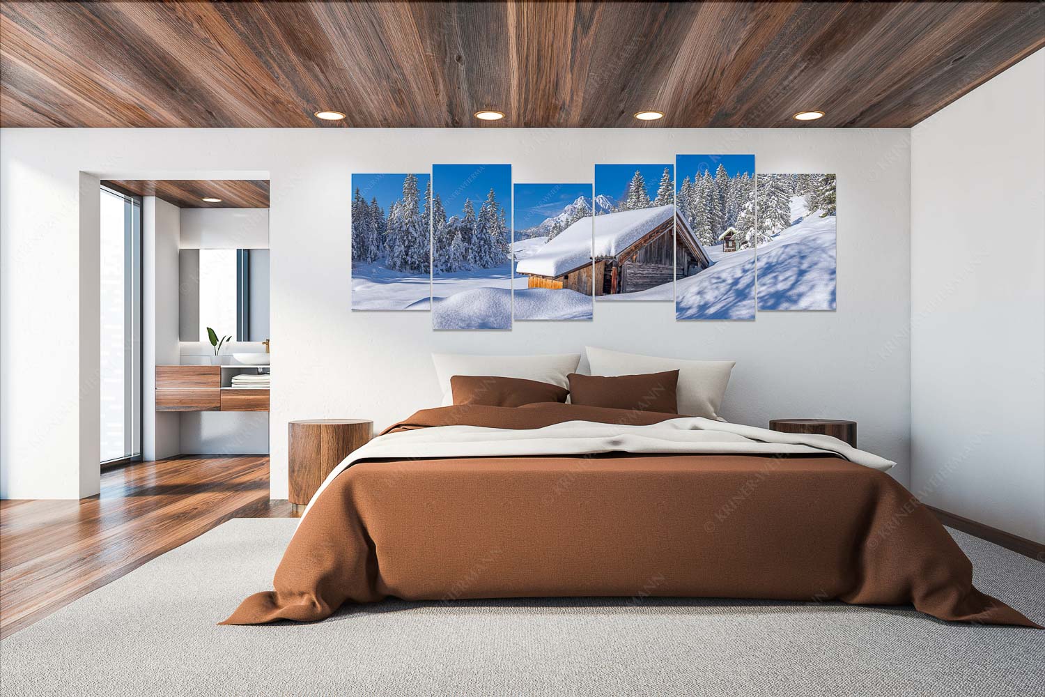 Schönheit der Stille – Wandbild – 6er Split, Größe ca. 280x112cm, Seitenverhältnis 2,5:1 — Buckelwiesen am Kranzberg Frisch verschneiter Heustadl bei Mittenwald mit Wettersteinspitzen - Schönheit der Stille - Wandbild - 6er Split, Größe ca. 280x112cm, Seitenverhältnis 2,5:1 - Buckelwiesen am Kranzberg - weitere Infos unter https://www.kriner-weiermann.de