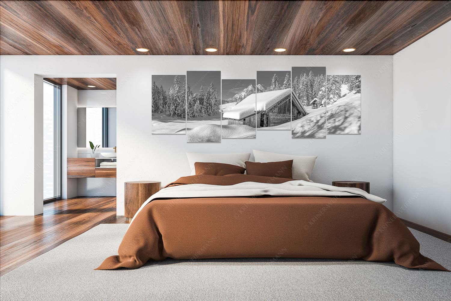 Schönheit der Stille – Wandbild – 6er Split, Größe ca. 280x112cm, Seitenverhältnis 2,5:1 — Buckelwiesen am Kranzberg Frisch verschneiter Heustadl bei Mittenwald mit Wettersteinspitzen - Schönheit der Stille - Wandbild - 6er Split, Größe ca. 280x112cm, Seitenverhältnis 2,5:1 - Buckelwiesen am Kranzberg - weitere Infos unter https://www.kriner-weiermann.de