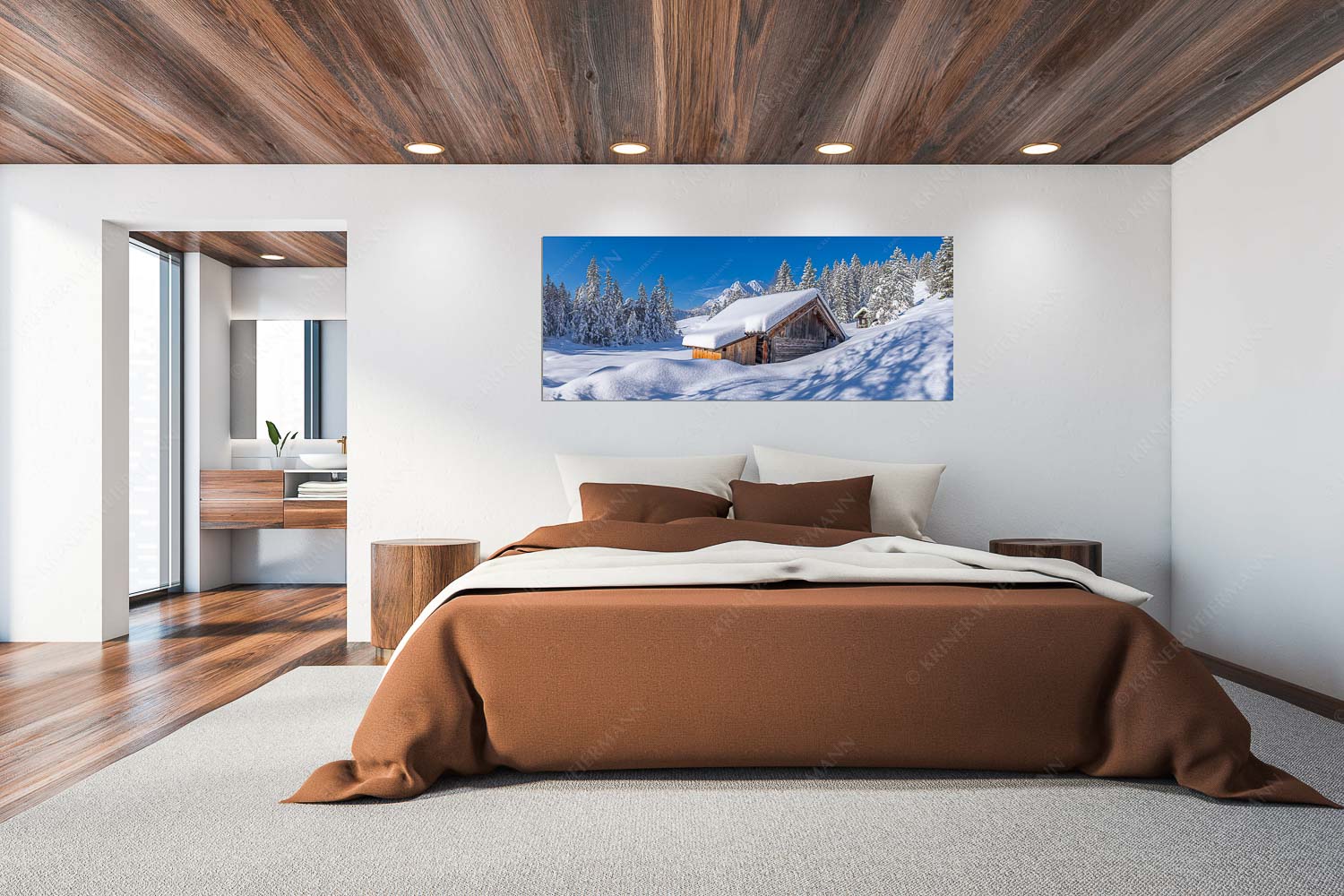 Schönheit der Stille – Wandbild – Größe ca. 200x80cm, Seitenverhältnis 2,5:1 — Buckelwiesen am Kranzberg Frisch verschneiter Heustadl bei Mittenwald mit Wettersteinspitzen - Schönheit der Stille - Wandbild - Größe ca. 200x80cm, Seitenverhältnis 2,5:1 - Buckelwiesen am Kranzberg - weitere Infos unter https://www.kriner-weiermann.de