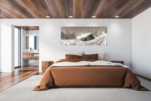 Frisch verschneiter Heustadl bei Mittenwald mit Wettersteinspitzen - Schönheit der Stille - Wandbild - Größe ca. 200x80cm, Seitenverhältnis 2,5:1 - Buckelwiesen am Kranzberg - weitere Infos unter https://www.kriner-weiermann.de