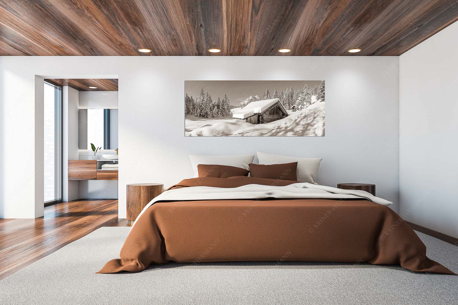 Frisch verschneiter Heustadl bei Mittenwald mit Wettersteinspitzen - Schönheit der Stille - Wandbild - Größe ca. 200x80cm, Seitenverhältnis 2,5:1 - Buckelwiesen am Kranzberg - weitere Infos unter https://www.kriner-weiermann.de