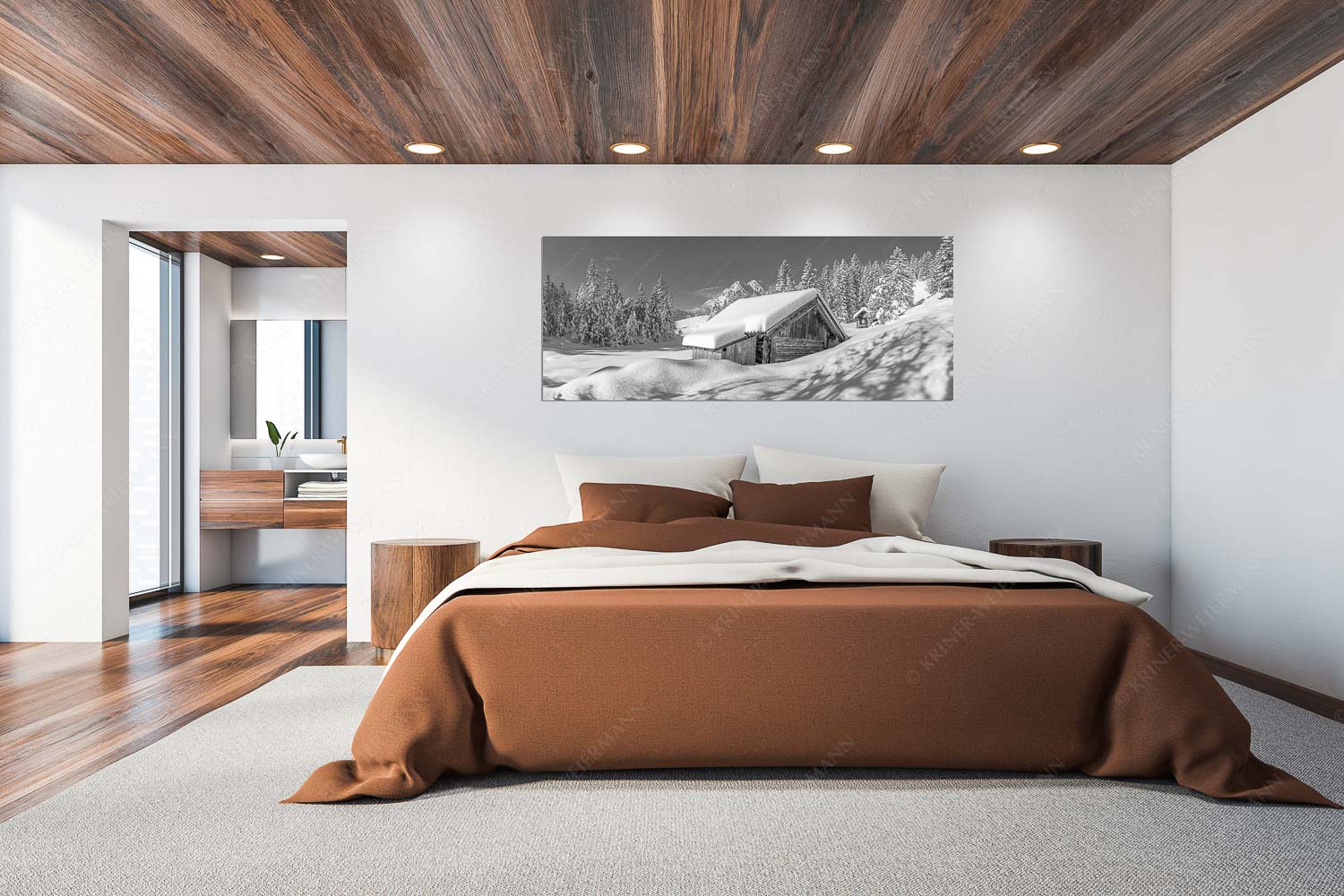 Schönheit der Stille – Wandbild – Größe ca. 200x80cm, Seitenverhältnis 2,5:1 — Buckelwiesen am Kranzberg Frisch verschneiter Heustadl bei Mittenwald mit Wettersteinspitzen - Schönheit der Stille - Wandbild - Größe ca. 200x80cm, Seitenverhältnis 2,5:1 - Buckelwiesen am Kranzberg - weitere Infos unter https://www.kriner-weiermann.de