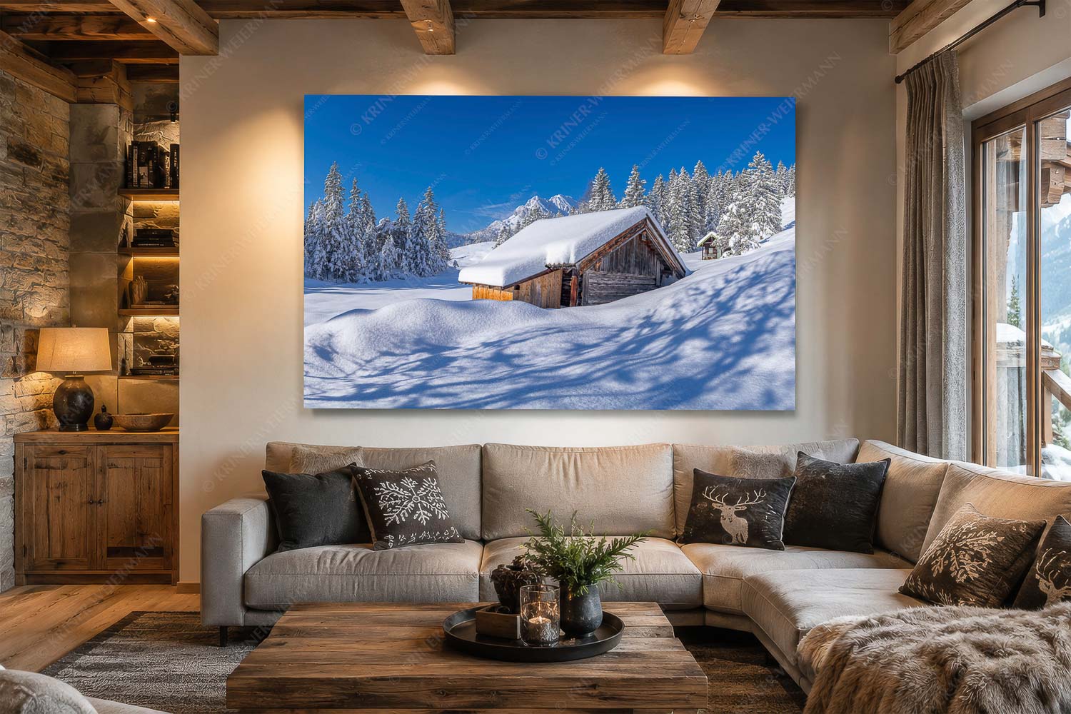 Schönheit der Stille – Wandbild – Größe ca. 210x140cm, Seitenverhältnis 3:2 — Buckelwiesen am Kranzberg Frisch verschneiter Heustadl bei Mittenwald mit Wettersteinspitzen - Schönheit der Stille - Wandbild - Größe ca. 210x140cm, Seitenverhältnis 3:2 - Buckelwiesen am Kranzberg - weitere Infos unter https://www.kriner-weiermann.de