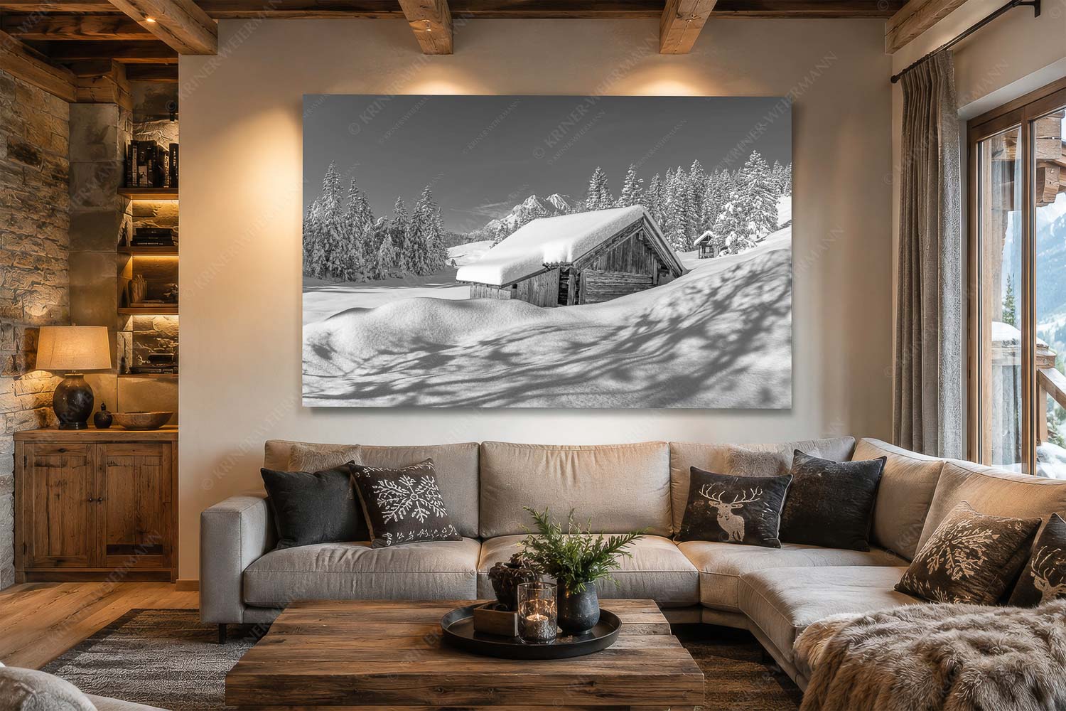 Schönheit der Stille – Wandbild – Größe ca. 210x140cm, Seitenverhältnis 3:2 — Buckelwiesen am Kranzberg Frisch verschneiter Heustadl bei Mittenwald mit Wettersteinspitzen - Schönheit der Stille - Wandbild - Größe ca. 210x140cm, Seitenverhältnis 3:2 - Buckelwiesen am Kranzberg - weitere Infos unter https://www.kriner-weiermann.de
