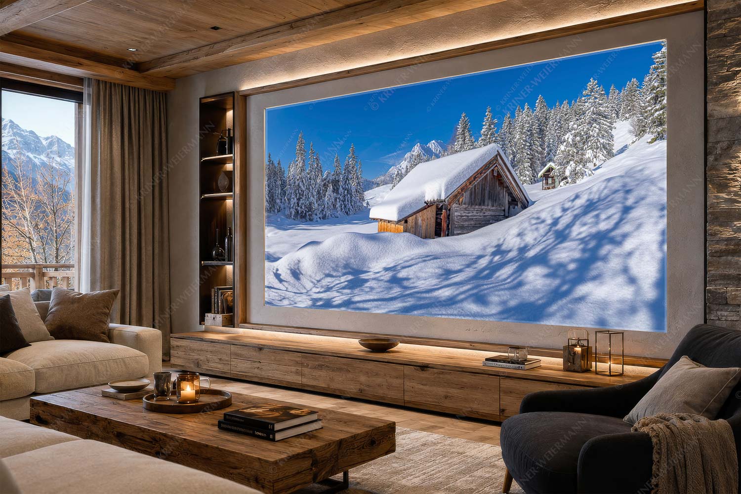 Schönheit der Stille – LED Leuchtbild – Größe ca. 300x150cm, Seitenverhältnis 2:1 — Buckelwiesen am Kranzberg Frisch verschneiter Heustadl bei Mittenwald mit Wettersteinspitzen - Schönheit der Stille - LED Leuchtbild - Größe ca. 300x150cm, Seitenverhältnis 2:1 - Buckelwiesen am Kranzberg - weitere Infos unter https://www.kriner-weiermann.de