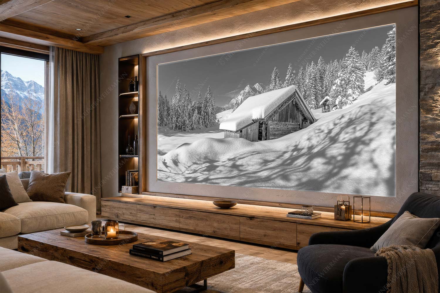 Schönheit der Stille – LED Leuchtbild – Größe ca. 300x150cm, Seitenverhältnis 2:1 — Buckelwiesen am Kranzberg Frisch verschneiter Heustadl bei Mittenwald mit Wettersteinspitzen - Schönheit der Stille - LED Leuchtbild - Größe ca. 300x150cm, Seitenverhältnis 2:1 - Buckelwiesen am Kranzberg - weitere Infos unter https://www.kriner-weiermann.de