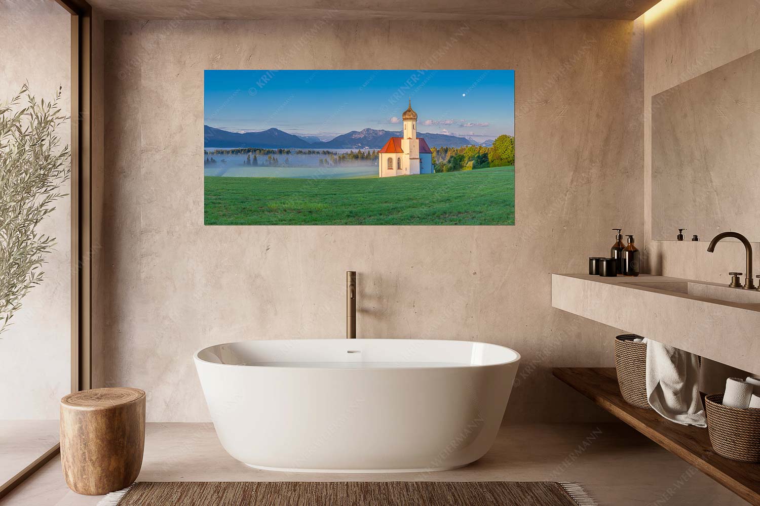 Seliger Morgen – Wandbild – Größe ca. 180x90cm, Seitenverhältnis 2:1 — Sankt Johann – Penzberg Die malerisch gelegene Kirche in Sankt Johannisrain mit Bayrischen voralpen - Seliger Morgen - Wandbild - Größe ca. 180x90cm, Seitenverhältnis 2:1 - Sankt Johann - Penzberg - weitere Infos unter https://www.kriner-weiermann.de