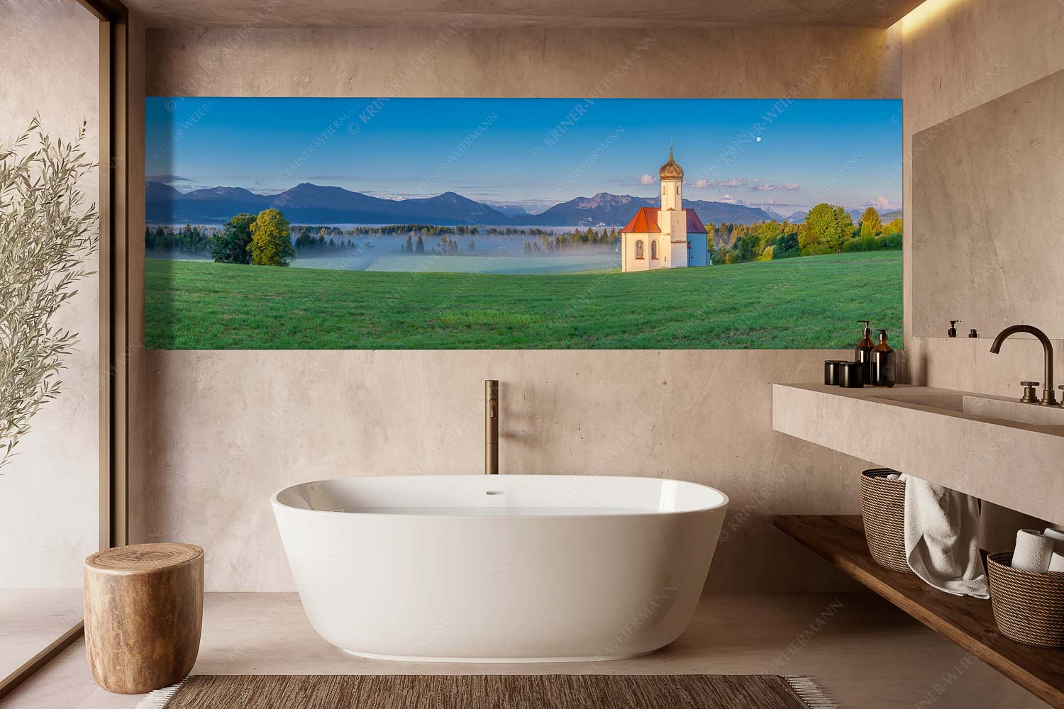 Seliger Morgen – Wandbild – Größe ca. 300x100cm, Seitenverhältnis 3:1 — Sankt Johann – Penzberg Die malerisch gelegene Kirche in Sankt Johannisrain mit Bayrischen voralpen - Seliger Morgen - Wandbild - Größe ca. 300x100cm, Seitenverhältnis 3:1 - Sankt Johann - Penzberg - weitere Infos unter https://www.kriner-weiermann.de
