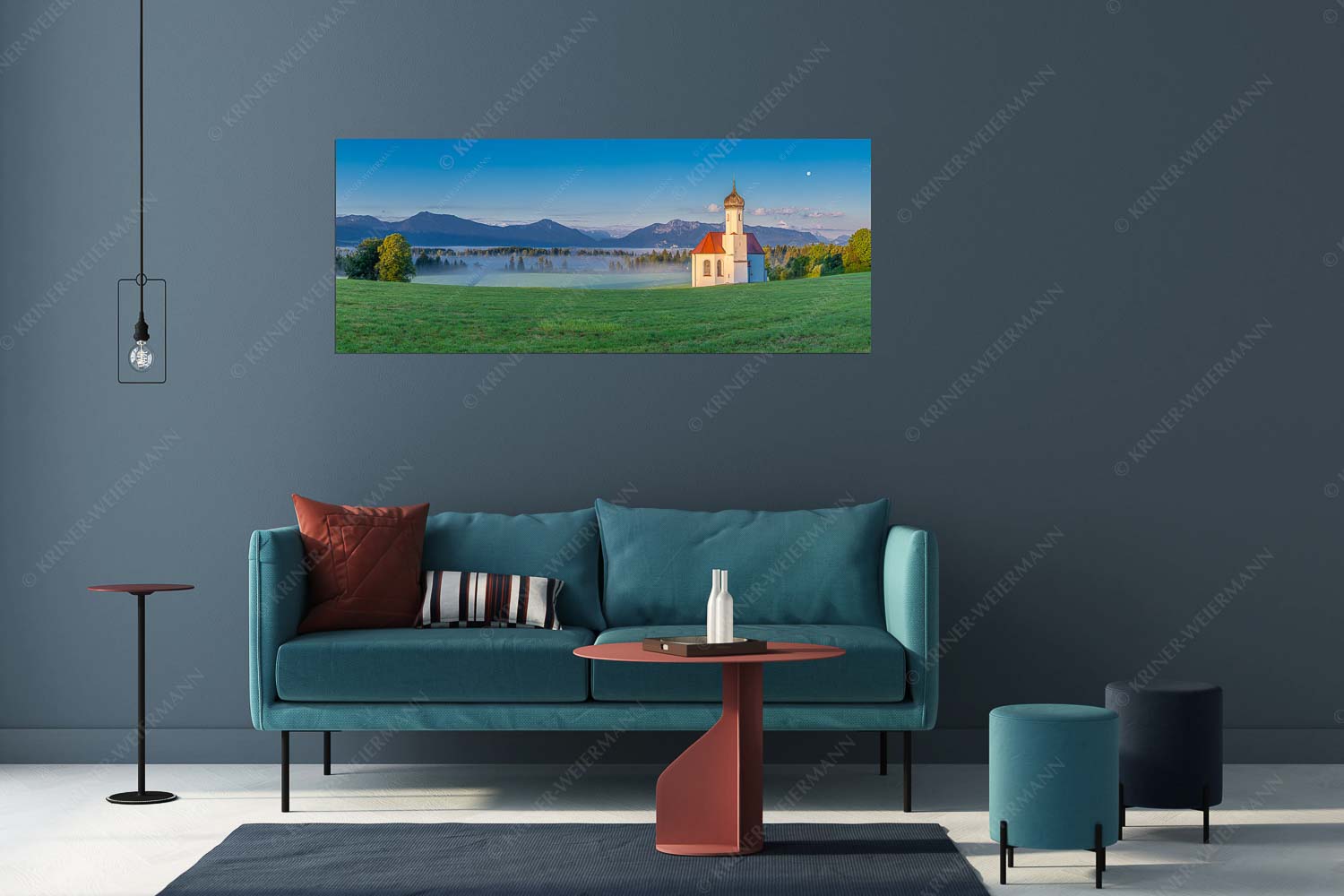 Seliger Morgen – Wandbild – Größe ca. 175x70cm, Seitenverhältnis 2,5:1 — Sankt Johann – Penzberg Die malerisch gelegene Kirche in Sankt Johannisrain mit Bayrischen voralpen - Seliger Morgen - Wandbild - Größe ca. 175x70cm, Seitenverhältnis 2,5:1 - Sankt Johann - Penzberg - weitere Infos unter https://www.kriner-weiermann.de