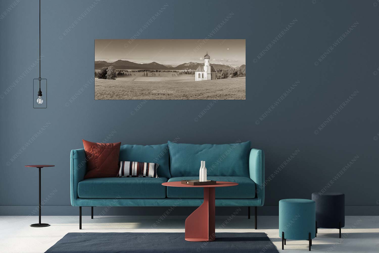 Seliger Morgen – Wandbild – Größe ca. 175x70cm, Seitenverhältnis 2,5:1 — Sankt Johann – Penzberg Die malerisch gelegene Kirche in Sankt Johannisrain mit Bayrischen voralpen - Seliger Morgen - Wandbild - Größe ca. 175x70cm, Seitenverhältnis 2,5:1 - Sankt Johann - Penzberg - weitere Infos unter https://www.kriner-weiermann.de