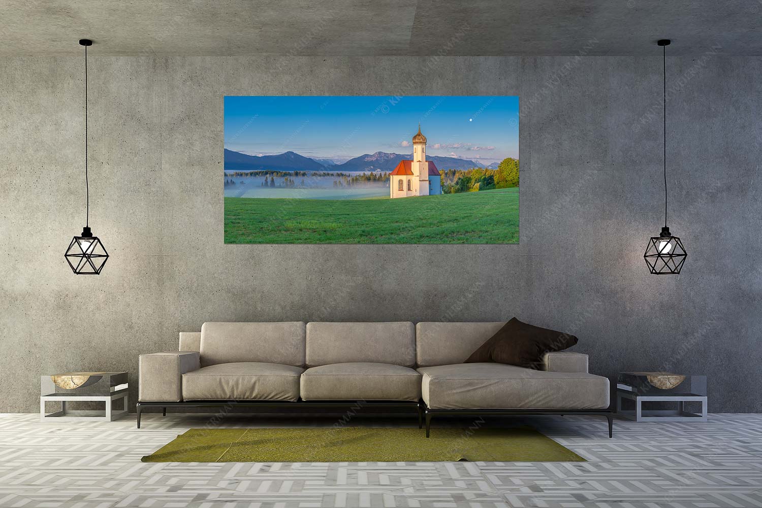 Seliger Morgen – Wandbild – Größe ca. 200x100cm, Seitenverhältnis 2:1 — Sankt Johann – Penzberg Die malerisch gelegene Kirche in Sankt Johannisrain mit Bayrischen voralpen - Seliger Morgen - Wandbild - Größe ca. 200x100cm, Seitenverhältnis 2:1 - Sankt Johann - Penzberg - weitere Infos unter https://www.kriner-weiermann.de