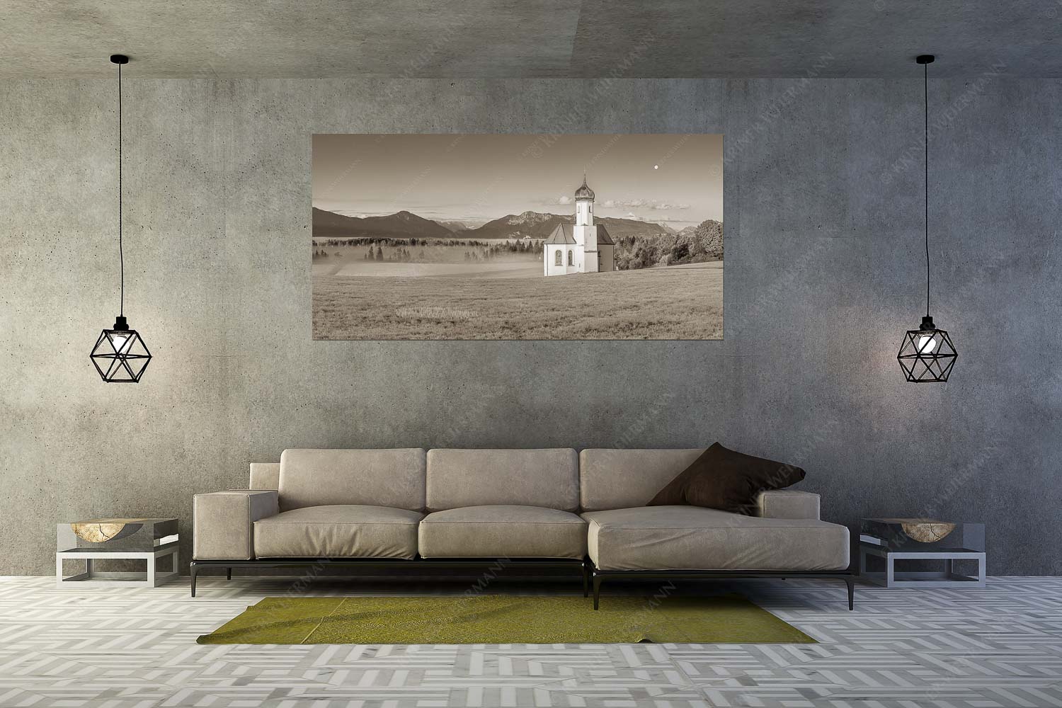 Seliger Morgen – Wandbild – Größe ca. 200x100cm, Seitenverhältnis 2:1 — Sankt Johann – Penzberg Die malerisch gelegene Kirche in Sankt Johannisrain mit Bayrischen voralpen - Seliger Morgen - Wandbild - Größe ca. 200x100cm, Seitenverhältnis 2:1 - Sankt Johann - Penzberg - weitere Infos unter https://www.kriner-weiermann.de