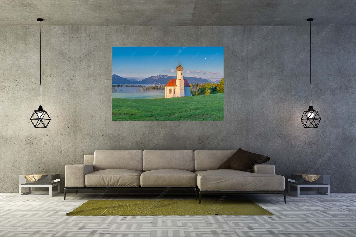 Die malerisch gelegene Kirche in Sankt Johannisrain mit Bayrischen voralpen - Seliger Morgen - Wandbild - Größe ca. 180x120cm, Seitenverhältnis 3:2 - Sankt Johann - Penzberg - weitere Infos unter https://www.kriner-weiermann.de
