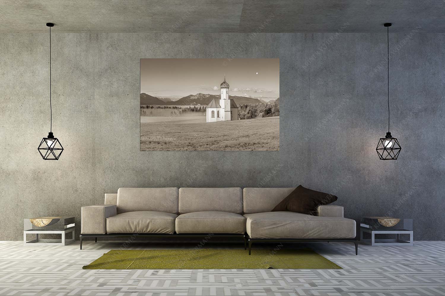 Seliger Morgen – Wandbild – Größe ca. 180x120cm, Seitenverhältnis 3:2 — Sankt Johann – Penzberg Die malerisch gelegene Kirche in Sankt Johannisrain mit Bayrischen voralpen - Seliger Morgen - Wandbild - Größe ca. 180x120cm, Seitenverhältnis 3:2 - Sankt Johann - Penzberg - weitere Infos unter https://www.kriner-weiermann.de