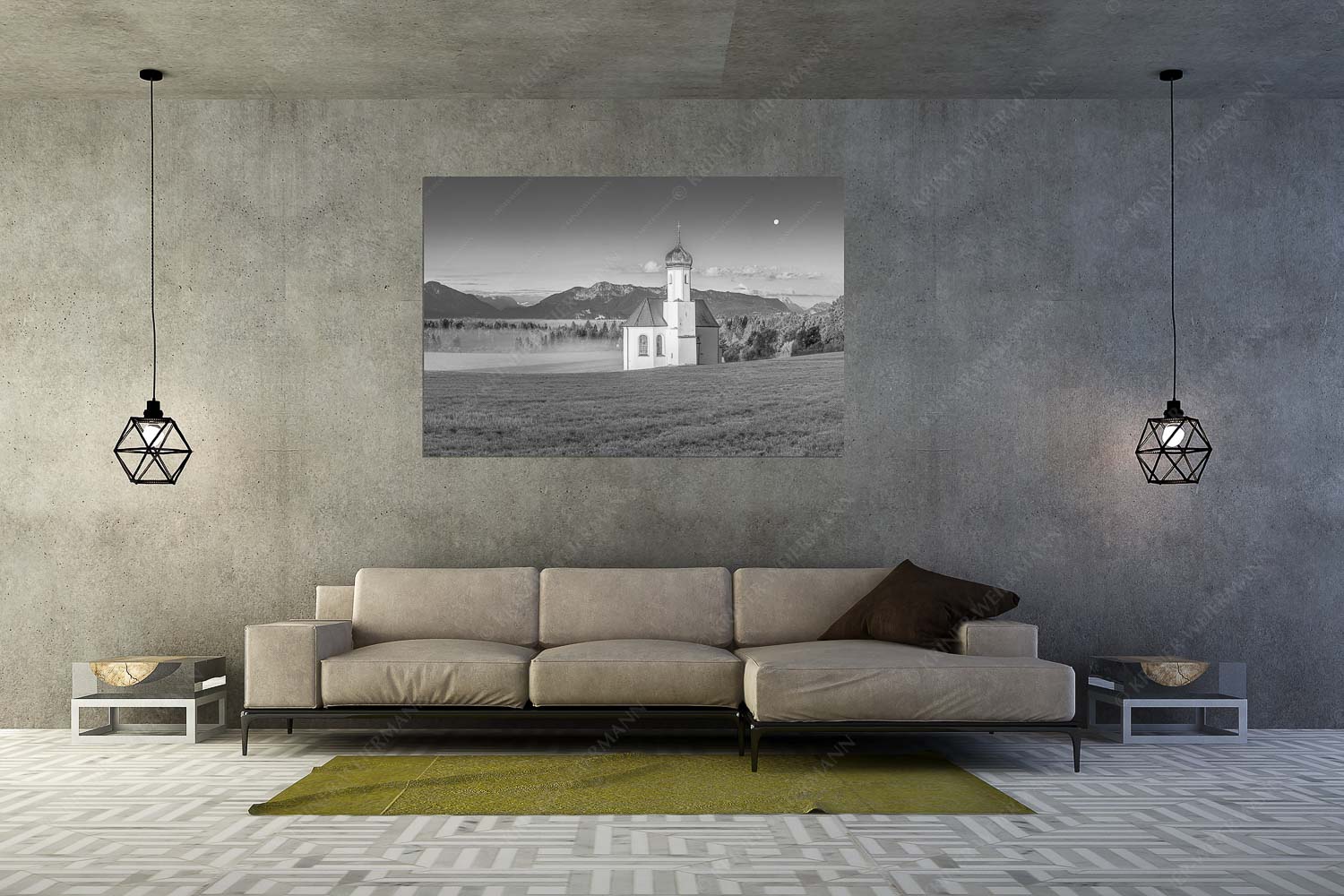 Seliger Morgen – Wandbild – Größe ca. 180x120cm, Seitenverhältnis 3:2 — Sankt Johann – Penzberg Die malerisch gelegene Kirche in Sankt Johannisrain mit Bayrischen voralpen - Seliger Morgen - Wandbild - Größe ca. 180x120cm, Seitenverhältnis 3:2 - Sankt Johann - Penzberg - weitere Infos unter https://www.kriner-weiermann.de