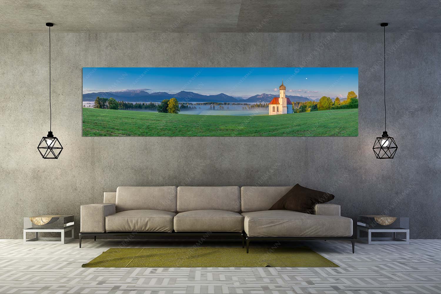 Seliger Morgen – Wandbild – Größe ca. 320x80cm, Seitenverhältnis 4:1 — Sankt Johann – Penzberg Die malerisch gelegene Kirche in Sankt Johannisrain mit Bayrischen voralpen - Seliger Morgen - Wandbild - Größe ca. 320x80cm, Seitenverhältnis 4:1 - Sankt Johann - Penzberg - weitere Infos unter https://www.kriner-weiermann.de