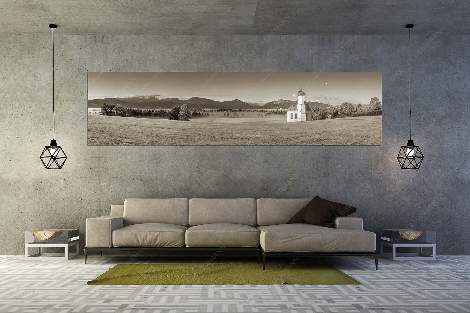 Seliger Morgen – Wandbild – Größe ca. 320x80cm, Seitenverhältnis 4:1 — Sankt Johann – Penzberg Die malerisch gelegene Kirche in Sankt Johannisrain mit Bayrischen voralpen - Seliger Morgen - Wandbild - Größe ca. 320x80cm, Seitenverhältnis 4:1 - Sankt Johann - Penzberg - weitere Infos unter https://www.kriner-weiermann.de
