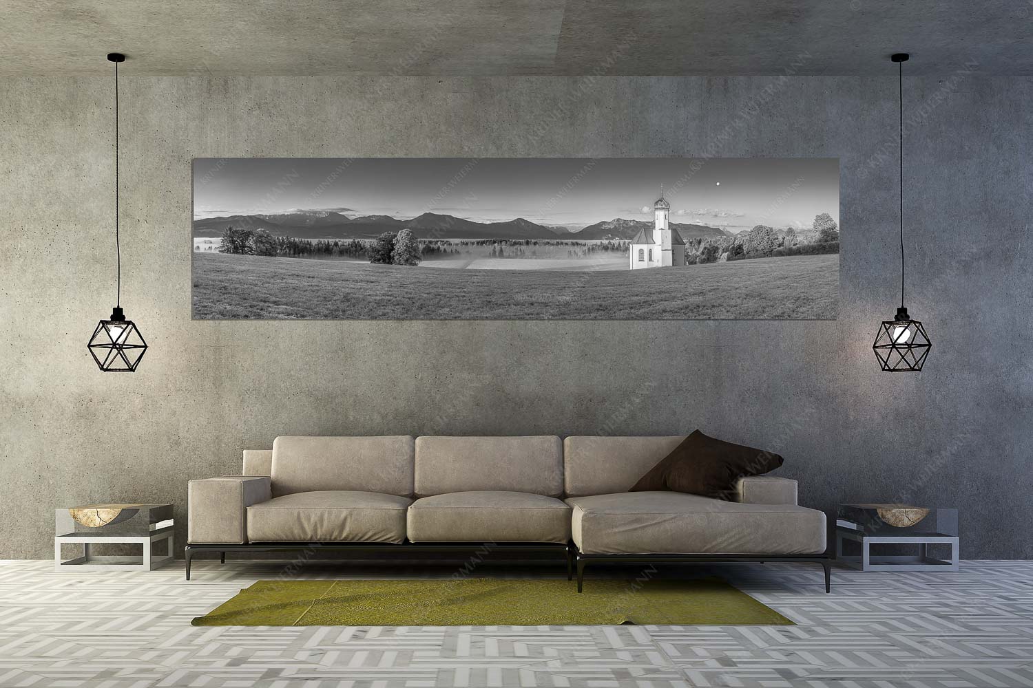 Seliger Morgen – Wandbild – Größe ca. 320x80cm, Seitenverhältnis 4:1 — Sankt Johann – Penzberg Die malerisch gelegene Kirche in Sankt Johannisrain mit Bayrischen voralpen - Seliger Morgen - Wandbild - Größe ca. 320x80cm, Seitenverhältnis 4:1 - Sankt Johann - Penzberg - weitere Infos unter https://www.kriner-weiermann.de