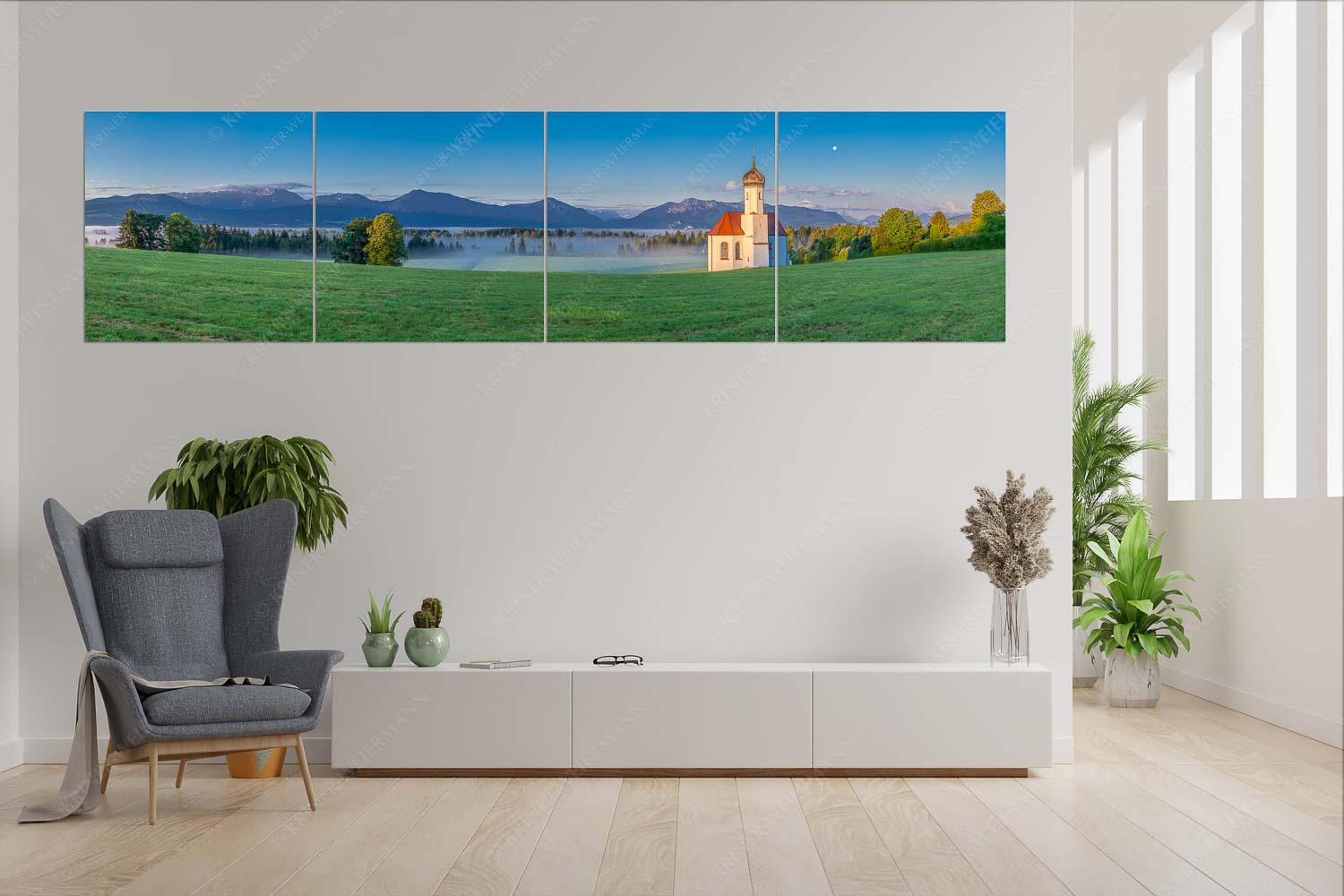 Seliger Morgen – Wandbild – 4er Split, Größe ca. 280x70cm, Seitenverhältnis 4:1 — Sankt Johann – Penzberg Die malerisch gelegene Kirche in Sankt Johannisrain mit Bayrischen voralpen - Seliger Morgen - Wandbild - 4er Split, Größe ca. 280x70cm, Seitenverhältnis 4:1 - Sankt Johann - Penzberg - weitere Infos unter https://www.kriner-weiermann.de