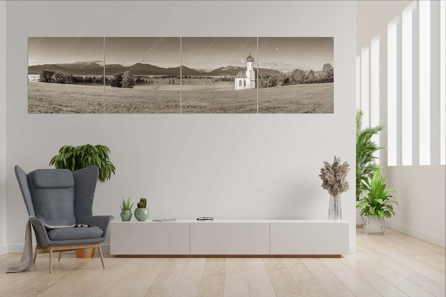 Seliger Morgen – Wandbild – 4er Split, Größe ca. 280x70cm, Seitenverhältnis 4:1 — Sankt Johann – Penzberg Die malerisch gelegene Kirche in Sankt Johannisrain mit Bayrischen voralpen - Seliger Morgen - Wandbild - 4er Split, Größe ca. 280x70cm, Seitenverhältnis 4:1 - Sankt Johann - Penzberg - weitere Infos unter https://www.kriner-weiermann.de