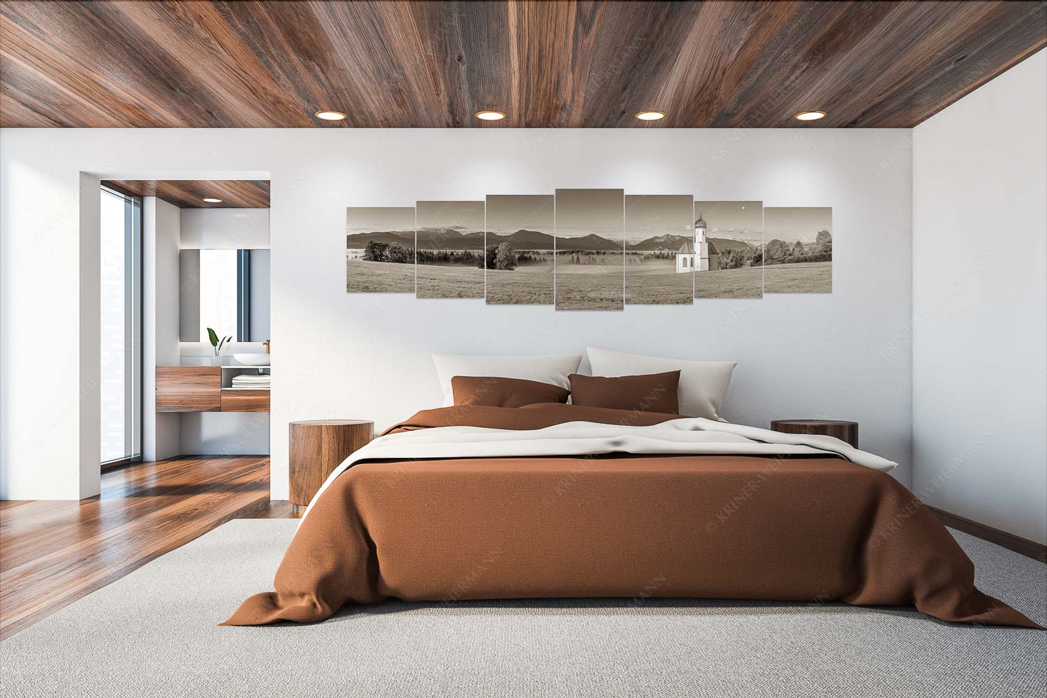 Seliger Morgen – Wandbild – 7er Split, Größe ca. 300x75cm, Seitenverhältnis 4:1 — Sankt Johann – Penzberg Die malerisch gelegene Kirche in Sankt Johannisrain mit Bayrischen voralpen - Seliger Morgen - Wandbild - 7er Split, Größe ca. 300x75cm, Seitenverhältnis 4:1 - Sankt Johann - Penzberg - weitere Infos unter https://www.kriner-weiermann.de