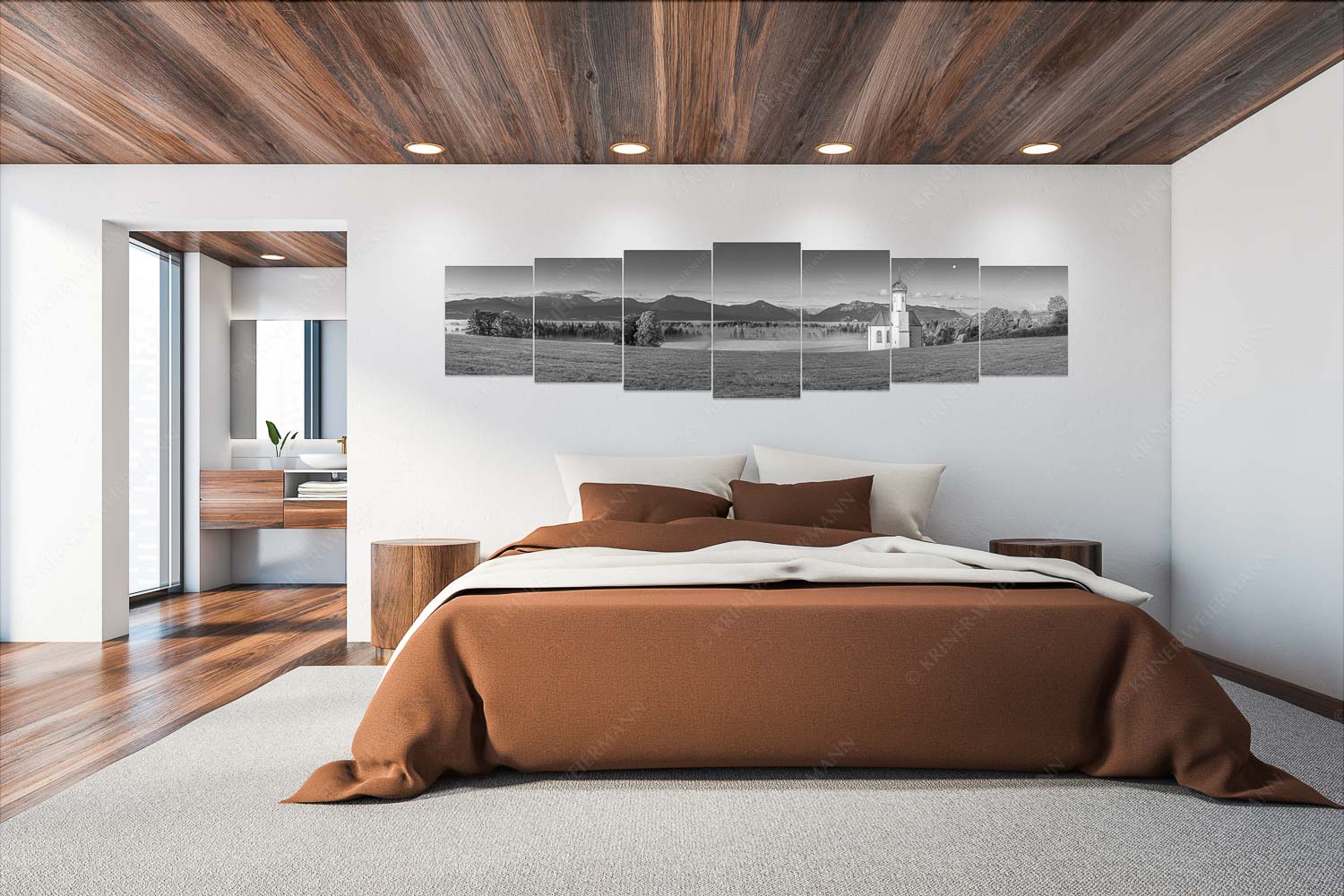 Seliger Morgen – Wandbild – 7er Split, Größe ca. 300x75cm, Seitenverhältnis 4:1 — Sankt Johann – Penzberg Die malerisch gelegene Kirche in Sankt Johannisrain mit Bayrischen voralpen - Seliger Morgen - Wandbild - 7er Split, Größe ca. 300x75cm, Seitenverhältnis 4:1 - Sankt Johann - Penzberg - weitere Infos unter https://www.kriner-weiermann.de