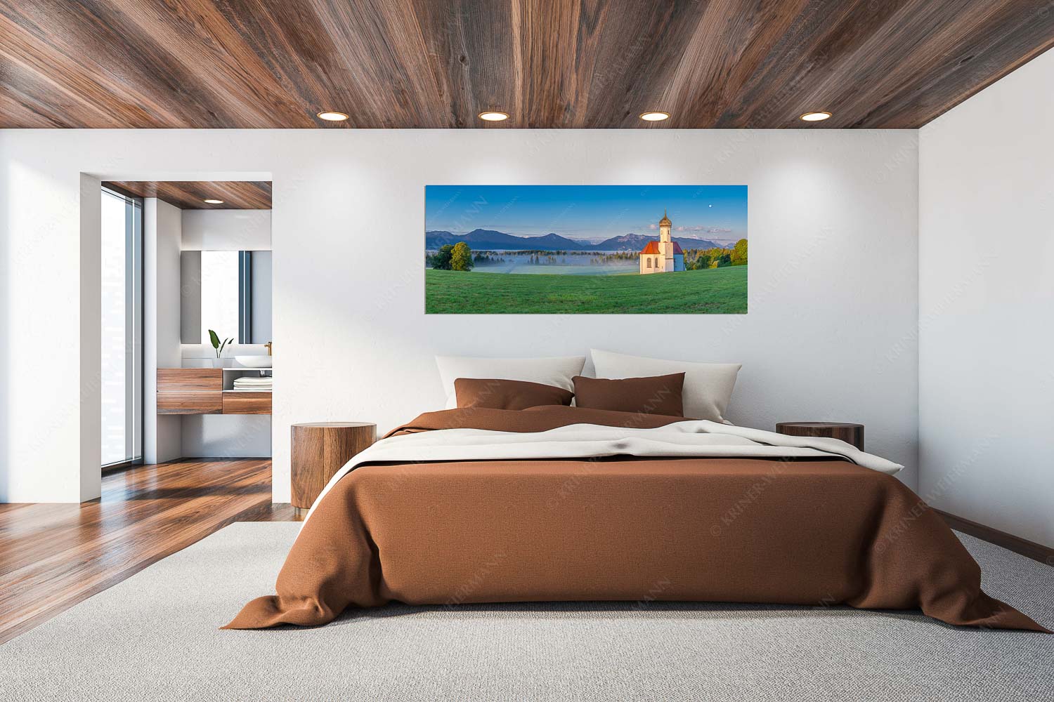 Seliger Morgen – Wandbild – Größe ca. 200x80cm, Seitenverhältnis 2,5:1 — Sankt Johann – Penzberg Die malerisch gelegene Kirche in Sankt Johannisrain mit Bayrischen voralpen - Seliger Morgen - Wandbild - Größe ca. 200x80cm, Seitenverhältnis 2,5:1 - Sankt Johann - Penzberg - weitere Infos unter https://www.kriner-weiermann.de
