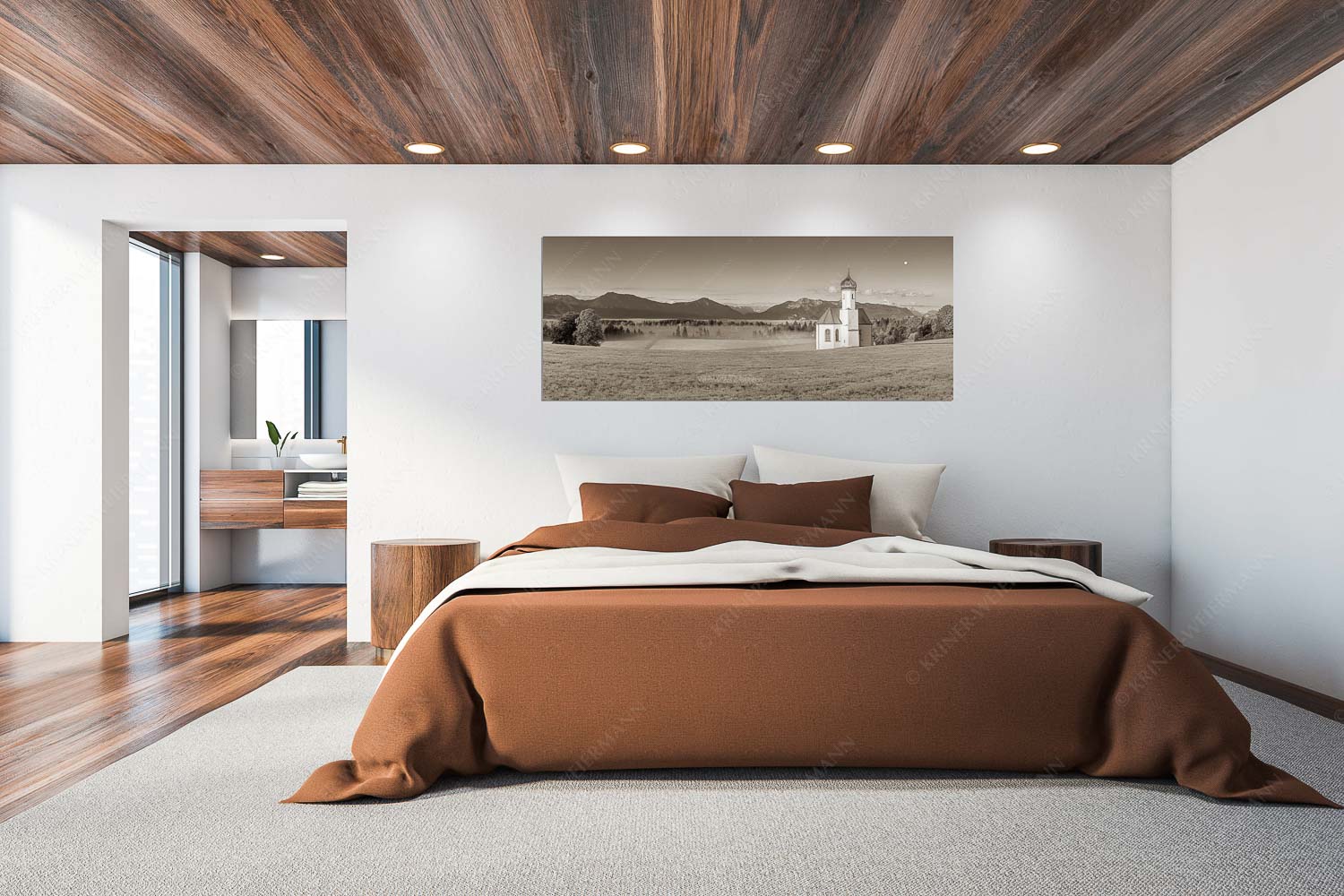 Seliger Morgen – Wandbild – Größe ca. 200x80cm, Seitenverhältnis 2,5:1 — Sankt Johann – Penzberg Die malerisch gelegene Kirche in Sankt Johannisrain mit Bayrischen voralpen - Seliger Morgen - Wandbild - Größe ca. 200x80cm, Seitenverhältnis 2,5:1 - Sankt Johann - Penzberg - weitere Infos unter https://www.kriner-weiermann.de