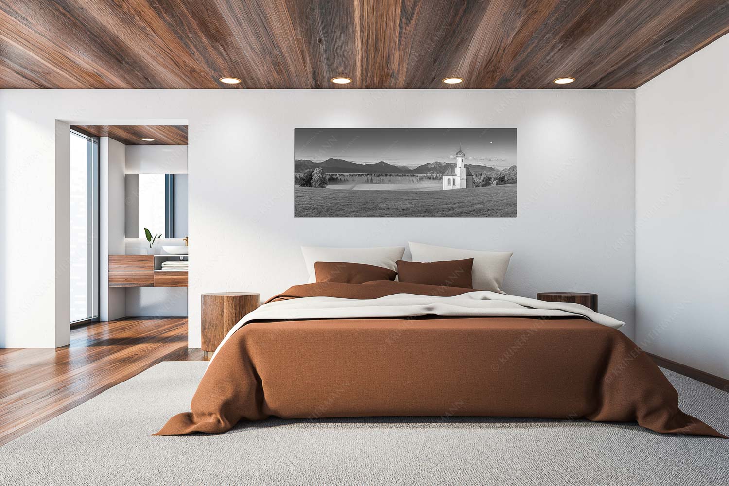 Seliger Morgen – Wandbild – Größe ca. 200x80cm, Seitenverhältnis 2,5:1 — Sankt Johann – Penzberg Die malerisch gelegene Kirche in Sankt Johannisrain mit Bayrischen voralpen - Seliger Morgen - Wandbild - Größe ca. 200x80cm, Seitenverhältnis 2,5:1 - Sankt Johann - Penzberg - weitere Infos unter https://www.kriner-weiermann.de