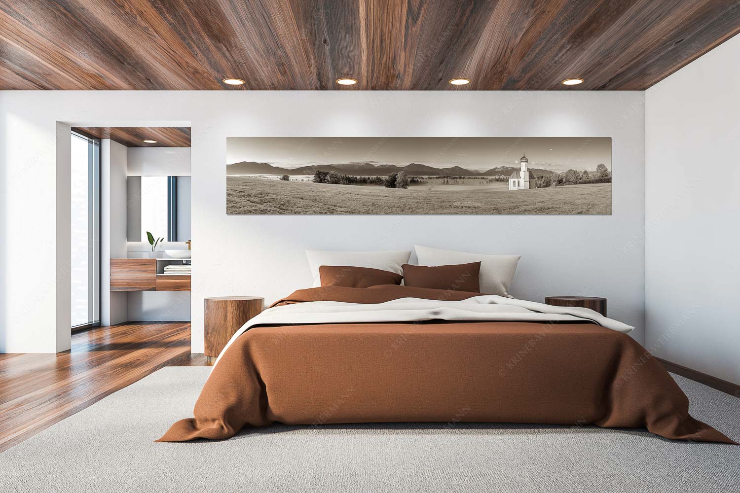 Seliger Morgen – Wandbild – Größe ca. 300x60cm, Seitenverhältnis 5:1 — Sankt Johann – Penzberg Die malerisch gelegene Kirche in Sankt Johannisrain mit Bayrischen voralpen - Seliger Morgen - Wandbild - Größe ca. 300x60cm, Seitenverhältnis 5:1 - Sankt Johann - Penzberg - weitere Infos unter https://www.kriner-weiermann.de