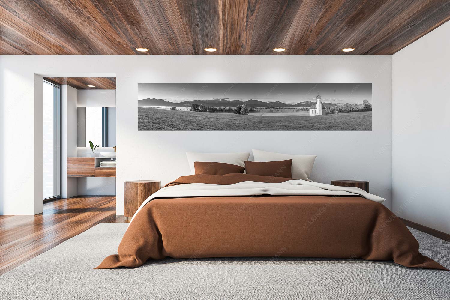 Seliger Morgen – Wandbild – Größe ca. 300x60cm, Seitenverhältnis 5:1 — Sankt Johann – Penzberg Die malerisch gelegene Kirche in Sankt Johannisrain mit Bayrischen voralpen - Seliger Morgen - Wandbild - Größe ca. 300x60cm, Seitenverhältnis 5:1 - Sankt Johann - Penzberg - weitere Infos unter https://www.kriner-weiermann.de
