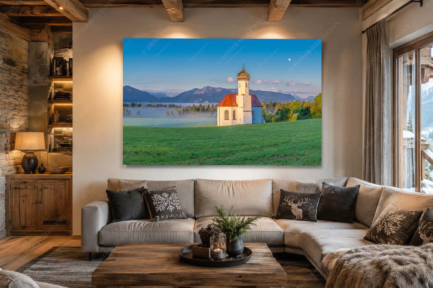 Seliger Morgen – Wandbild – Größe ca. 210x140cm, Seitenverhältnis 3:2 — Sankt Johann – Penzberg Die malerisch gelegene Kirche in Sankt Johannisrain mit Bayrischen voralpen - Seliger Morgen - Wandbild - Größe ca. 210x140cm, Seitenverhältnis 3:2 - Sankt Johann - Penzberg - weitere Infos unter https://www.kriner-weiermann.de