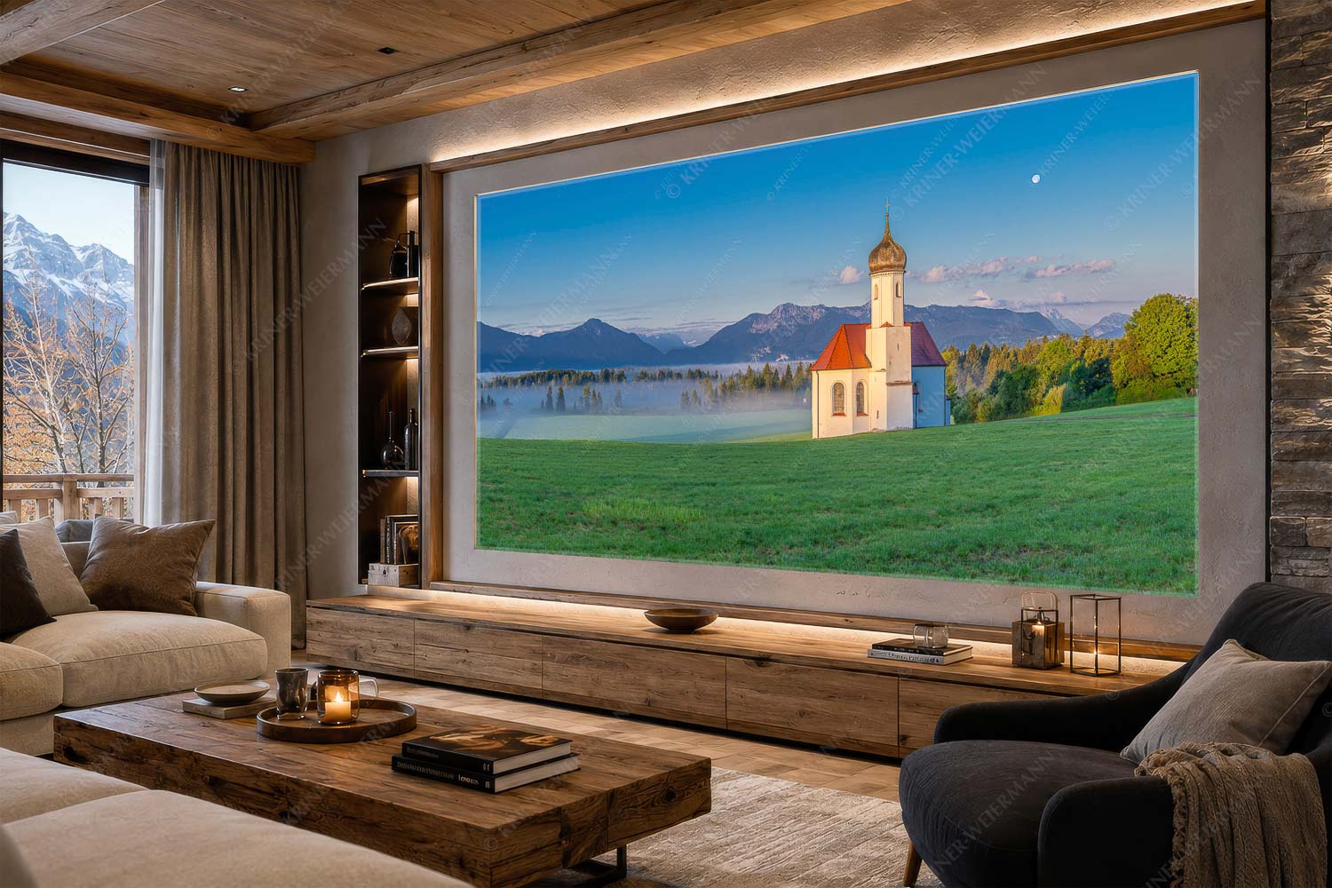 Seliger Morgen – LED Leuchtbild – Größe ca. 300x150cm, Seitenverhältnis 2:1 — Sankt Johann – Penzberg Die malerisch gelegene Kirche in Sankt Johannisrain mit Bayrischen voralpen - Seliger Morgen - LED Leuchtbild - Größe ca. 300x150cm, Seitenverhältnis 2:1 - Sankt Johann - Penzberg - weitere Infos unter https://www.kriner-weiermann.de