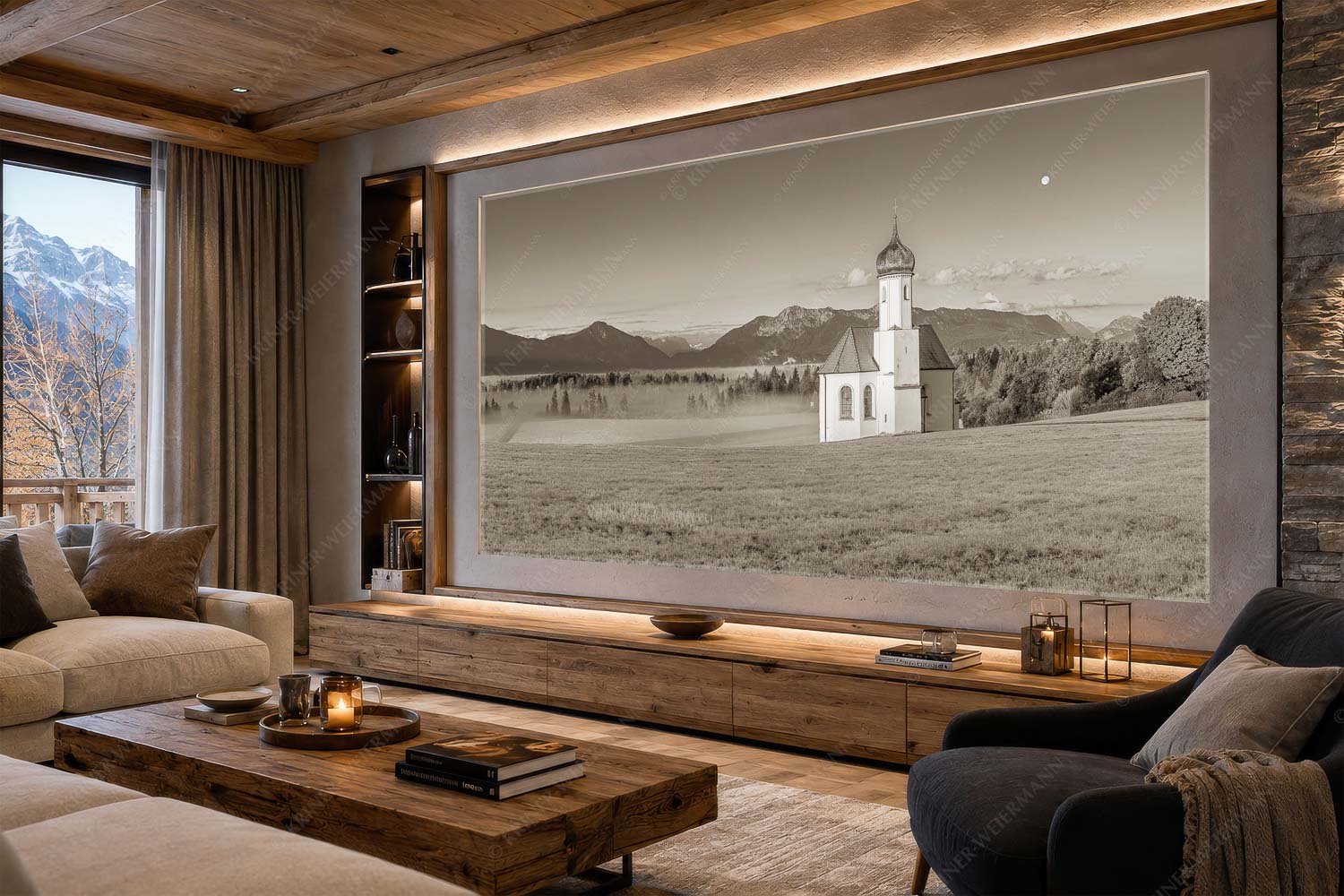 Seliger Morgen – LED Leuchtbild – Größe ca. 300x150cm, Seitenverhältnis 2:1 — Sankt Johann – Penzberg Die malerisch gelegene Kirche in Sankt Johannisrain mit Bayrischen voralpen - Seliger Morgen - LED Leuchtbild - Größe ca. 300x150cm, Seitenverhältnis 2:1 - Sankt Johann - Penzberg - weitere Infos unter https://www.kriner-weiermann.de