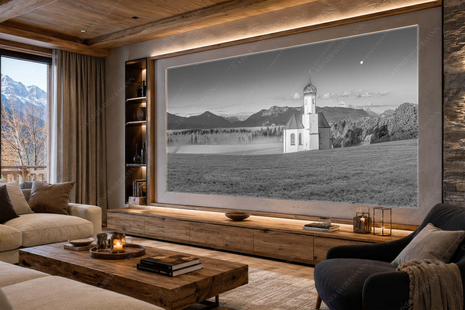 Seliger Morgen – LED Leuchtbild – Größe ca. 300x150cm, Seitenverhältnis 2:1 — Sankt Johann – Penzberg Die malerisch gelegene Kirche in Sankt Johannisrain mit Bayrischen voralpen - Seliger Morgen - LED Leuchtbild - Größe ca. 300x150cm, Seitenverhältnis 2:1 - Sankt Johann - Penzberg - weitere Infos unter https://www.kriner-weiermann.de