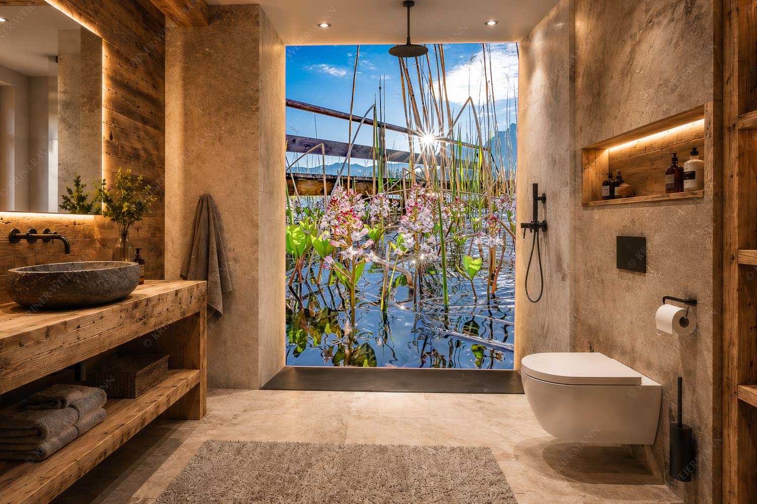 Taufrisch – LED Glas Leuchtbild – Größe ca. 160x240cm, Seitenverhältnis 2:3 — Lautersee mit Karwendel Im Frühling blüht der Vieberklee entlang der Ufer des Lautersees - Taufrisch - LED Glas Leuchtbild - Größe ca. 160x240cm, Seitenverhältnis 2:3 - Lautersee mit Karwendel - weitere Infos unter https://www.kriner-weiermann.de