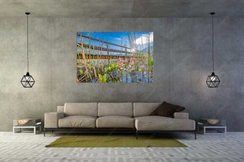 Im Frühling blüht der Vieberklee entlang der Ufer des Lautersees - Taufrisch - Wandbild - Größe ca. 180x120cm, Seitenverhältnis 3:2 - Lautersee mit Karwendel - weitere Infos unter https://www.kriner-weiermann.de