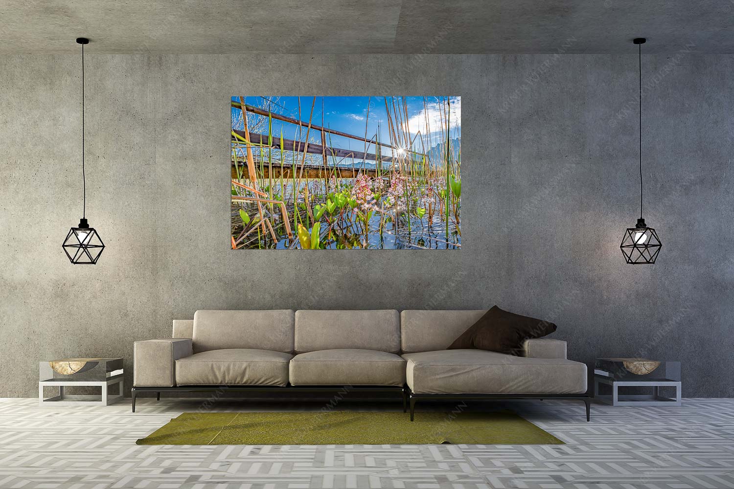 Im Frühling blüht der Vieberklee entlang der Ufer des Lautersees - Taufrisch - Wandbild - Größe ca. 180x120cm, Seitenverhältnis 3:2 - Lautersee mit Karwendel - weitere Infos unter https://www.kriner-weiermann.de