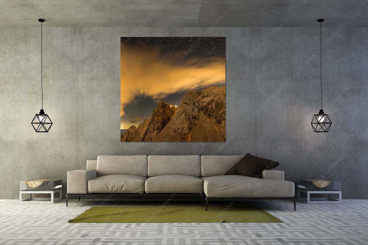 Die Meilerhütte bei Nacht tront wie eine Kanzel - Sternstunden - Wandbild - Größe ca. 160x160cm, Seitenverhältnis 1:1 - Meilerhütte - Wettersteingebirge - weitere Infos unter https://www.kriner-weiermann.de