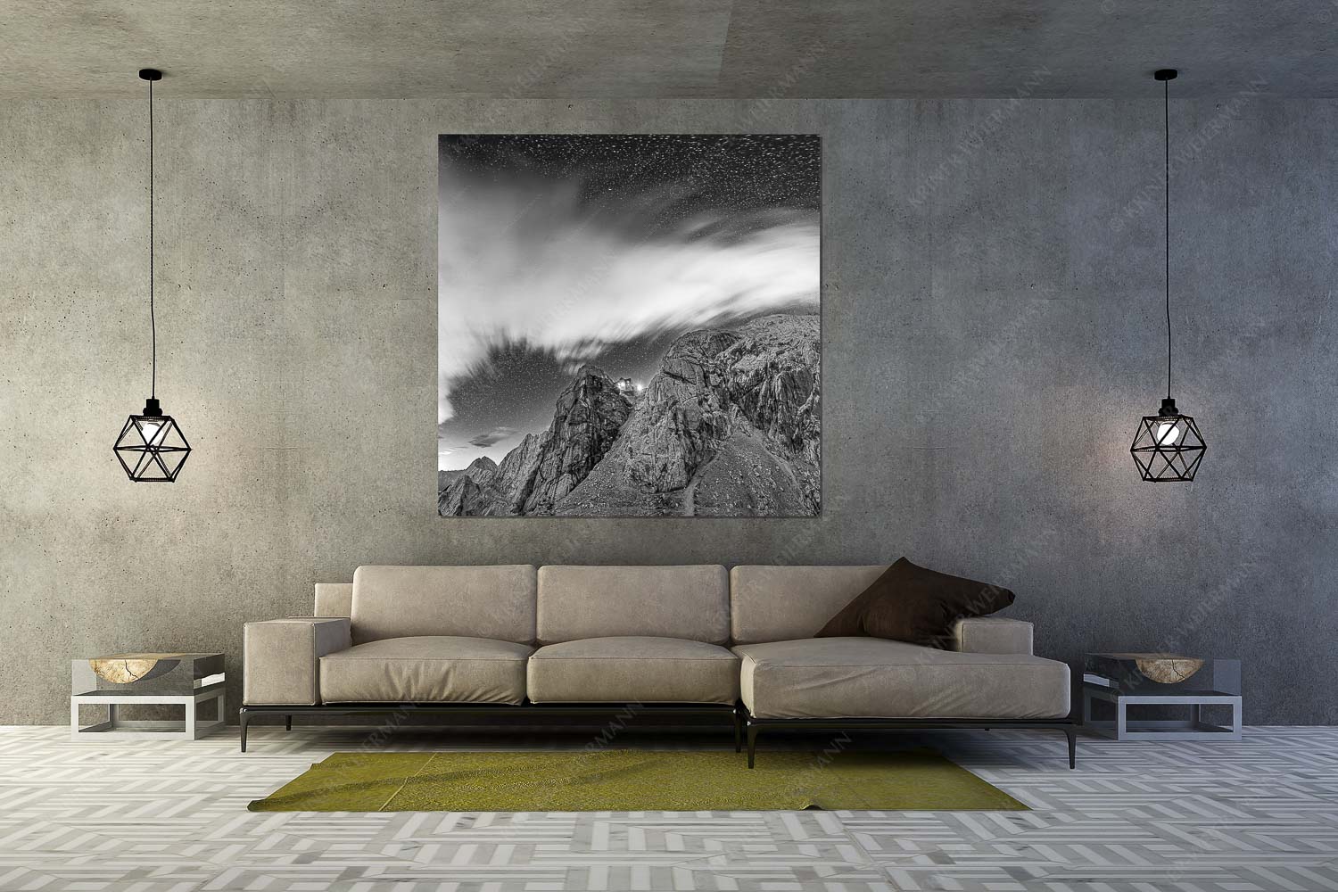 Die Meilerhütte bei Nacht tront wie eine Kanzel - Sternstunden - Wandbild - Größe ca. 160x160cm, Seitenverhältnis 1:1 - Meilerhütte - Wettersteingebirge - weitere Infos unter https://www.kriner-weiermann.de