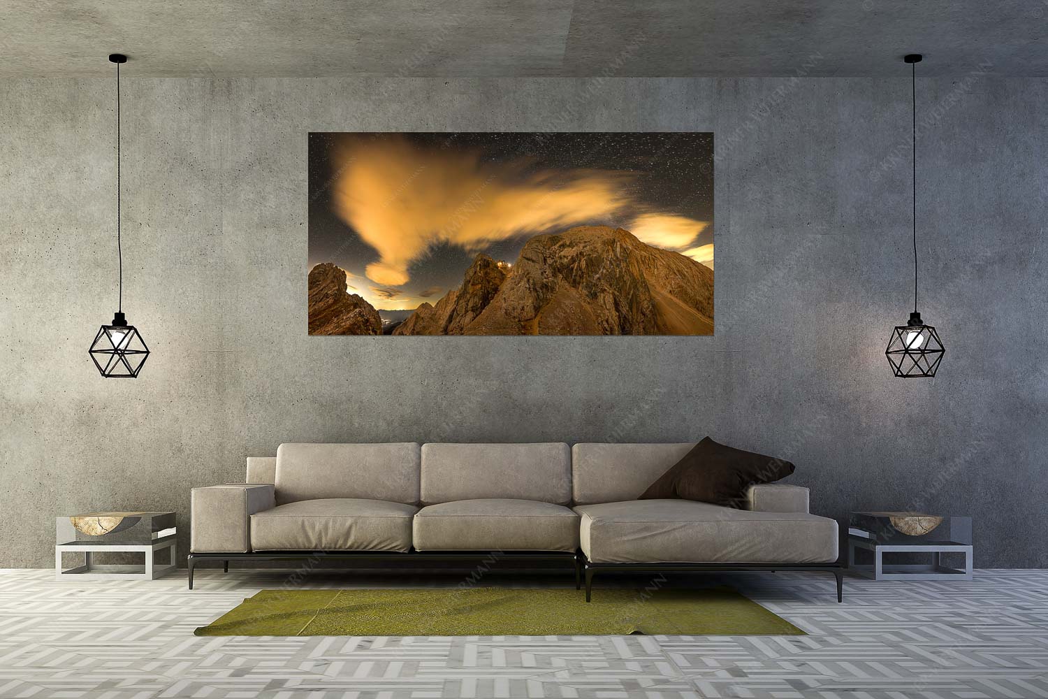 Die Meilerhütte bei Nacht tront wie eine Kanzel - Sternstunden - Wandbild - Größe ca. 200x100cm, Seitenverhältnis 2:1 - Meilerhütte - Wettersteingebirge - weitere Infos unter https://www.kriner-weiermann.de