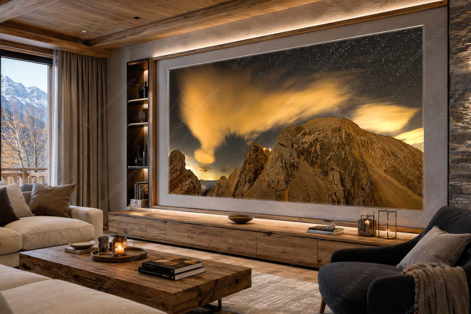 Sternstunden – LED Leuchtbild – Größe ca. 300x150cm, Seitenverhältnis 2:1 — Meilerhütte – Wettersteingebirge Die Meilerhütte bei Nacht tront wie eine Kanzel - Sternstunden - LED Leuchtbild - Größe ca. 300x150cm, Seitenverhältnis 2:1 - Meilerhütte - Wettersteingebirge - weitere Infos unter https://www.kriner-weiermann.de