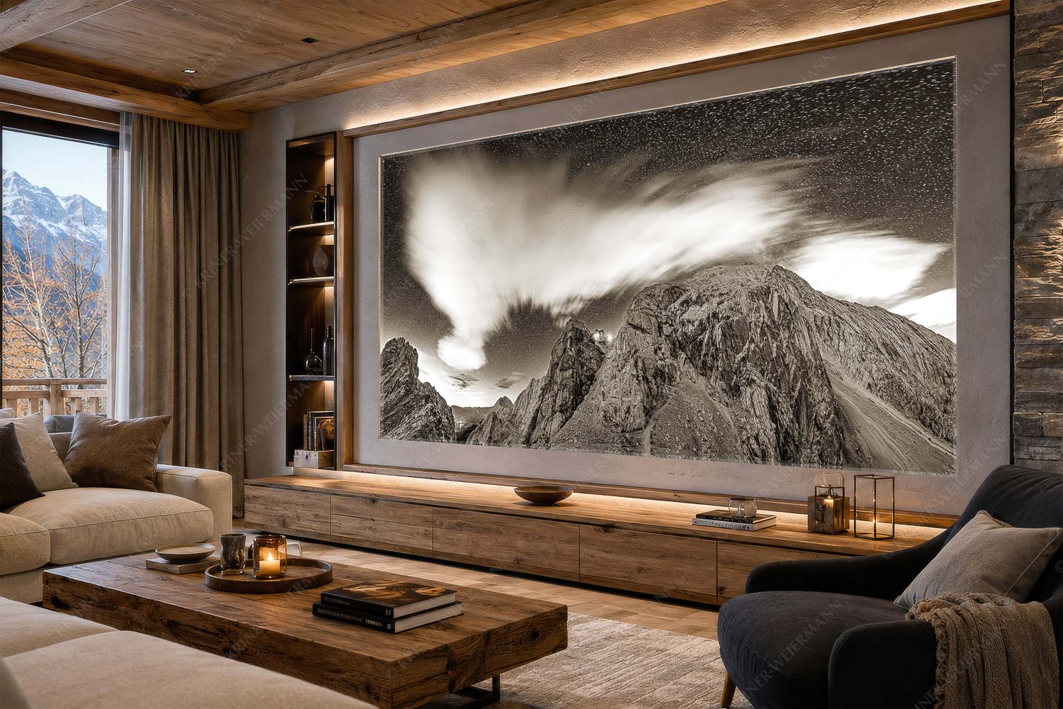 Sternstunden – LED Leuchtbild – Größe ca. 300x150cm, Seitenverhältnis 2:1 — Meilerhütte – Wettersteingebirge Die Meilerhütte bei Nacht tront wie eine Kanzel - Sternstunden - LED Leuchtbild - Größe ca. 300x150cm, Seitenverhältnis 2:1 - Meilerhütte - Wettersteingebirge - weitere Infos unter https://www.kriner-weiermann.de