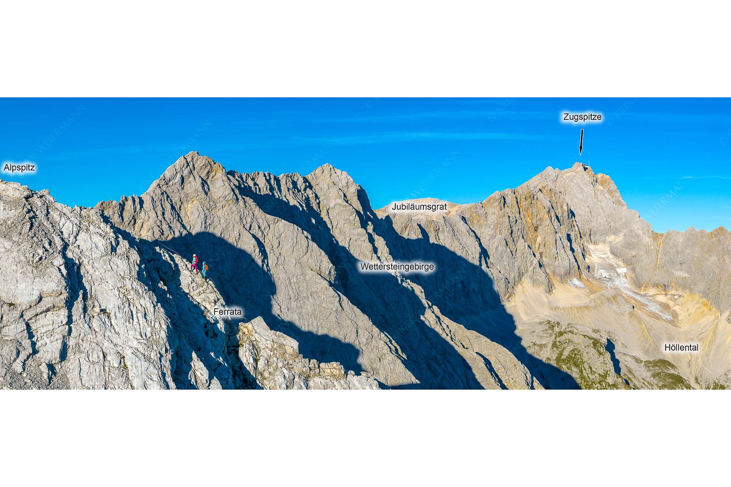 Bergsteiger unterwegs zur Alpspitze. Zugspitze im Hintergrund. - An der Ferrata -